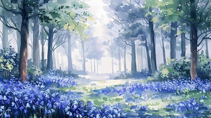 Vibrant Watercolor Bluebell Carpet in a Misty Forest Clearing