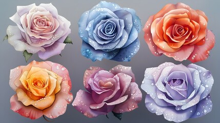 Vibrant Watercolor Bouquet of Roses with Delicate Dewdrops on Gray Background