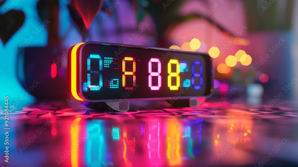 Poster a 3d-rendered digital clock with a colorful, customizable led display, perfect for tech enthusiasts.