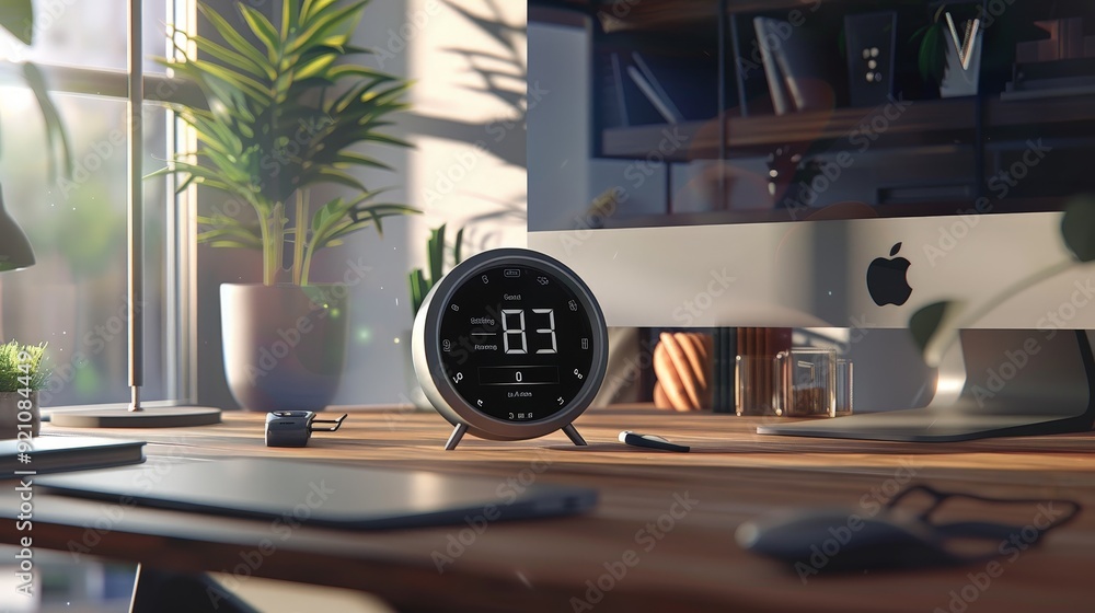 Poster a 3d-rendered desk clock with a sleek metal frame and an easy-to-read digital display, ideal for mod
