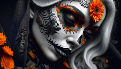 Beautiful Gothic Halloween woman with tattoos, with orange flowers, cemetery, and tombstone in black and white

