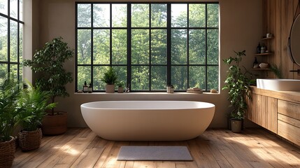 Fototapeta premium Panoramic shot of a comfortable and modern bathroom, showcasing a clean design with high-resolution clarity.