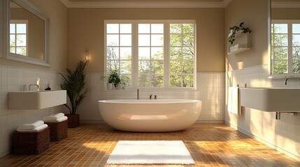 Fototapeta premium Elegant bathroom with a clean and comfortable design, showcased in a high-resolution panoramic photo.