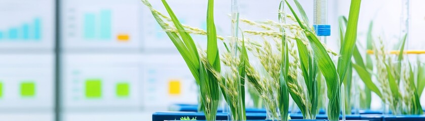 Close-up of green plants in a laboratory setting.