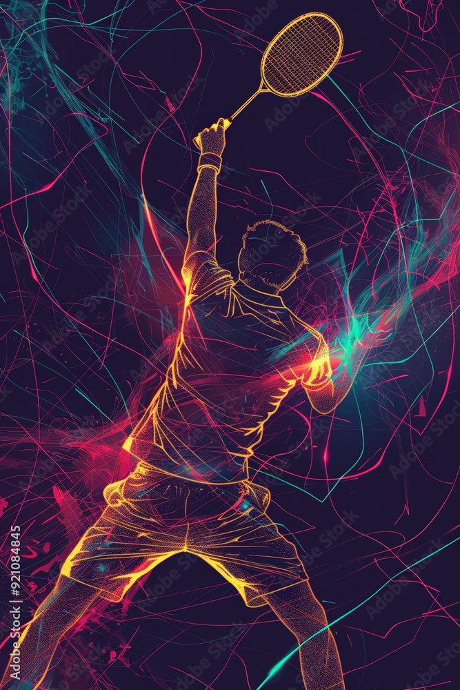 Canvas Prints A badminton player is brought to life in a continuous line drawing, with neon glow accents that highlight their form and add a modern, energetic touch to the vector illustration.