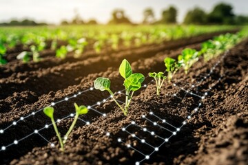 Close-up of young plants growing in rows in a field with a digital grid overlay, representing precision agriculture technology.