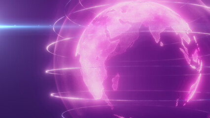 A digital representation of purple Earth with glowing lines encircling the planet, highlighting global connectivity and technology
