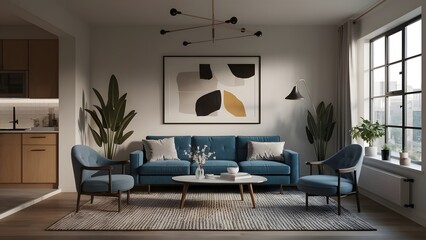 The interior design of a modern living room in a Scandinavian apartment features a dark blue sofa and recliner chair.