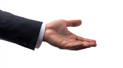 Obraz premium Businessman Wear suit empty hand closeup gesture mockup Empty hand gesture open hand Left hand isolated white background