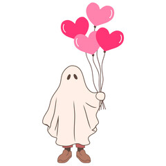 Adorable Ghost with Heart Balloons Cartoon
