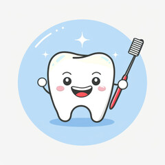 Fototapeta premium Smiling tooth with toothbrush in hand surrounded by sparkles, background