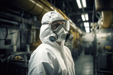 Person in hazmat suit with gas mask in industrial facility, concept of safety and protection