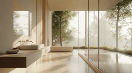 Minimalist Bathroom with Large Windows and Nature Views