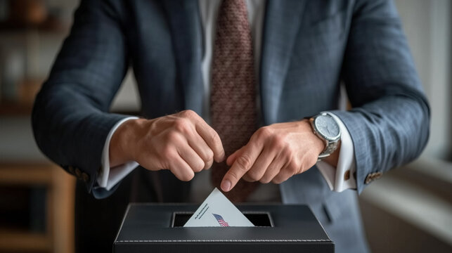 Person casting vote into ballot box. Closeup of hands casting their vote into the ballot box for vote USA, US election season, American voting concept background banner copyspace - Powered by Adobe