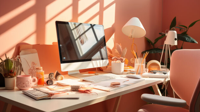 Work desk with notebook, glasses, laptop, and cup near window with plants