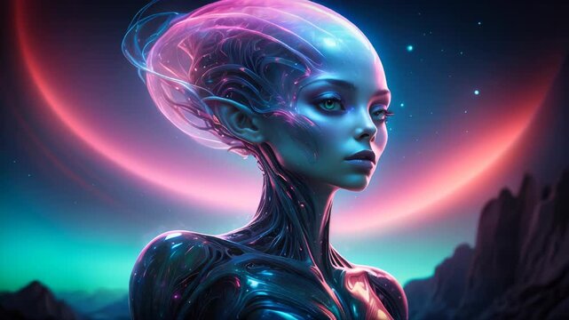 A luminous, otherworldly alien with multi-colored glowing skin, on a strange alien planet
