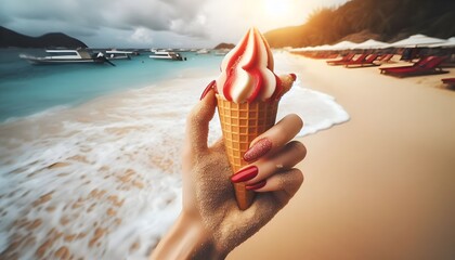 Vivid Summer Vibes: Enjoying Ice Cream on the Beach with Happy Moments
