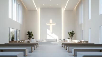 Minimalist Church Interior with Illuminated Cross