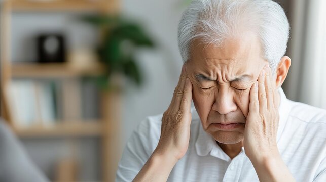 Close-up of an elderly Asian man rubbing his temples, eyes closed in pain, Asian senior man, headache, ache, dealing with persistent headaches