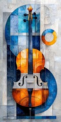Abstract Geometric Violin Art with Vibrant Blue and Orange Tones. 