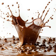 A dynamic splash of liquid chocolate caught mid-air with droplets suspended around, creating a sense of motion and indulgence, Ideal for advertisements, food blogs