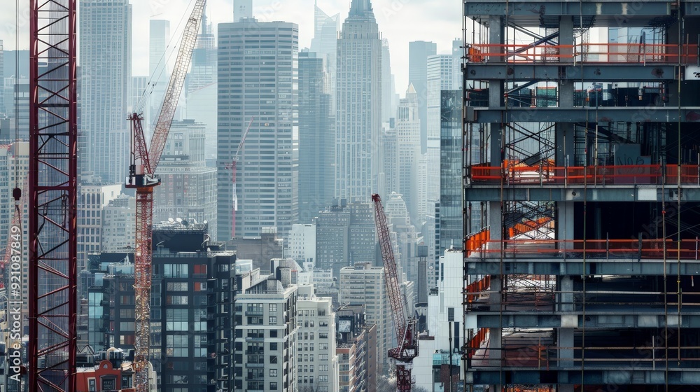 Wall mural A city under construction, with cranes and scaffolding visible among the buildings. The skyline is constantly evolving, as new skyscrapers rise to join the ranks of established structures.