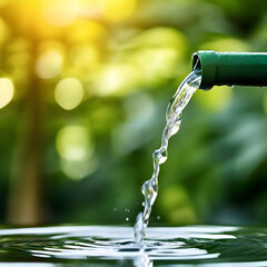 Clear water pouring from a faucet pipe into a serene pond with soft ripple effect against a blurred background clean tap water flowing, liquid motion, drinking water ripples, freshwater, gentle waves