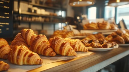 Delicious Flaky Croissants on Bakery Counter