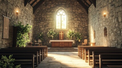 Rustic Stone Chapel Interior with Sunlit Altar