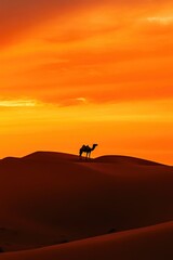 Vibrant Orange Sky Over Expansive Desert and Lone Camel