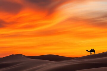 Glowing Desert Sands and Camel Silhouette Under Orange Sky
