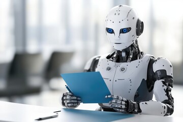 Office Robot Taking Notes with Blue Paper in Modern Setting