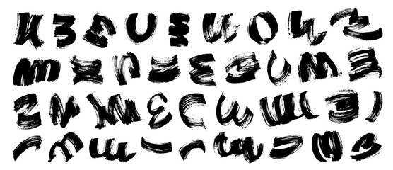 Curly abstract shapes in doodle grunge style. Colorful wavy bold lines with dirty rough texture. Vector geometric, chaotic design elements. Brush strokes, lines. Graffitti forms.