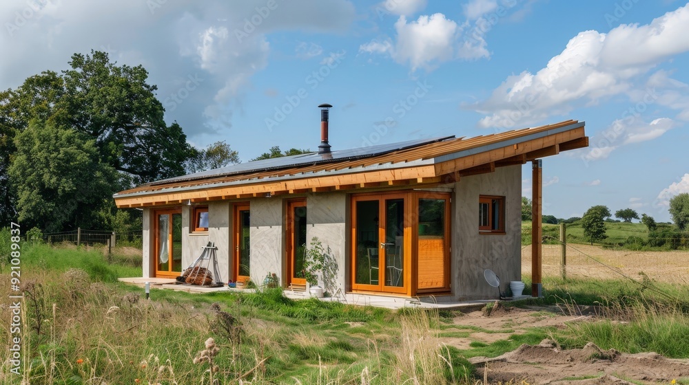 Poster write about the sustainable building materials used in constructing an off-grid house in the uk.