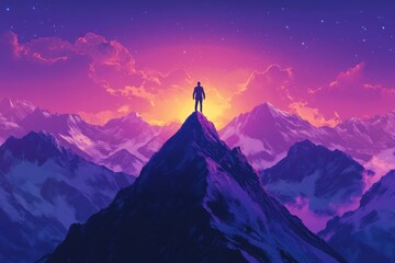 Businessman reaching the top of mountain, Symbolizing Achievement