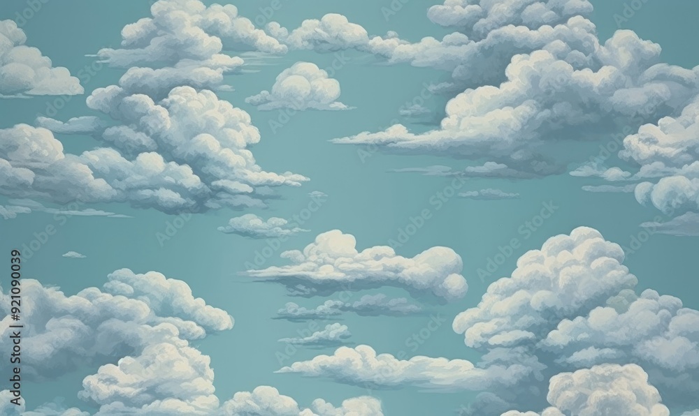 Wall mural image of blue watercolor sky with clouds