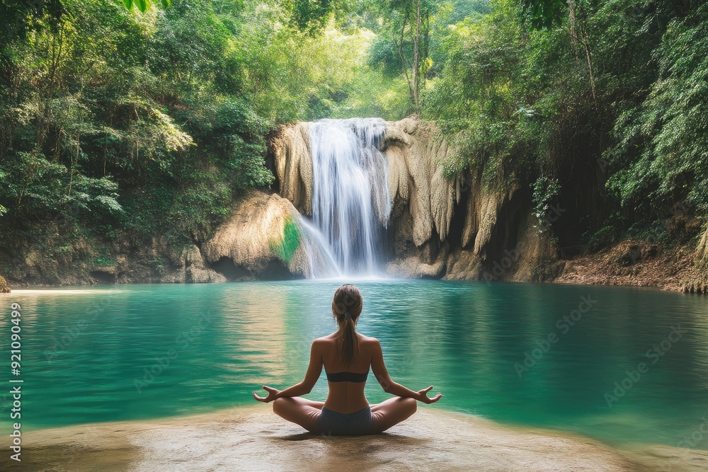 Poster yoga meditation near a peaceful waterfall