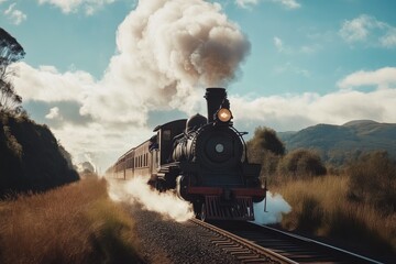 Naklejka premium Classic Steam Engine Moving Through Countryside