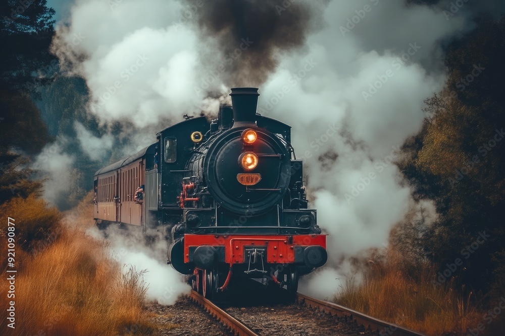 Wall mural timeless steam engine journeying down tracks