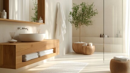 Minimalist Bathroom with Wooden Accents and Soft Lighting