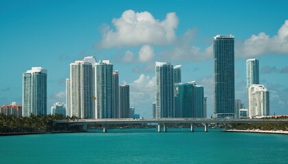 Naklejka premium Cityscape with a bridge and skylines in Brickell Key Park Miami USA 13