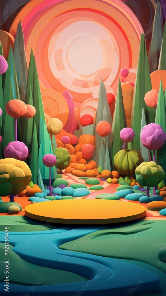 Poster 3d abstract background with a round podium and colorful elements.