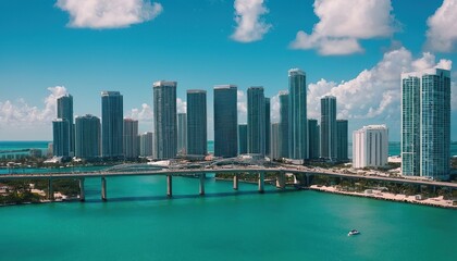 Miami skyscrapers with bridge over sea in the day.
16