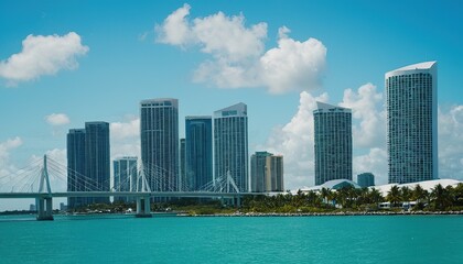 Obraz premium Miami skyscrapers with bridge over sea in the day. 14