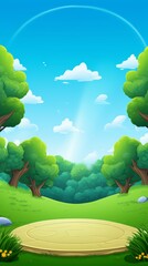 Naklejka premium A cartoon scene of a green grassy forest clearing with a wooden platform in the middle and a blue sky with clouds.