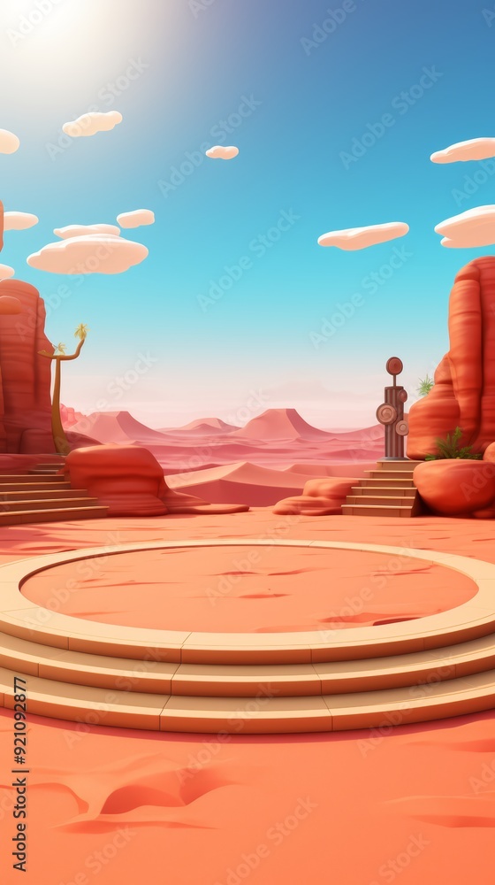 Poster a circular platform in the middle of a desert with steps leading up to it.