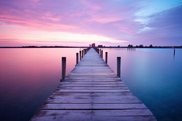 Fototapeta premium A serene wooden pier extending into a calm body of water under a colorful sunset sky.