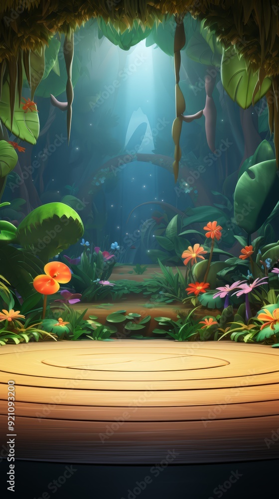 Poster a circular wooden platform in a lush green forest with glowing fireflies and soft light filtering th