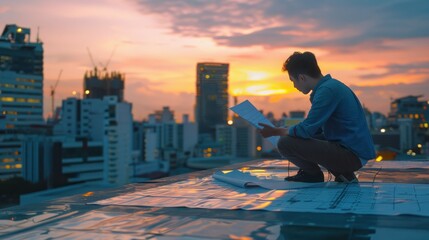 Fototapeta premium An architect scrutinizes building plans on a rooftop, overseeing an outdoor construction project, reflecting expertise and commitment to design excellence,