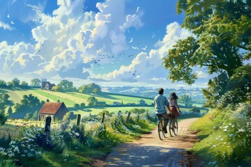 Obraz premium Hand in hand, a couple walks through a beautiful field, immersed in nature and each other's company. AI generated